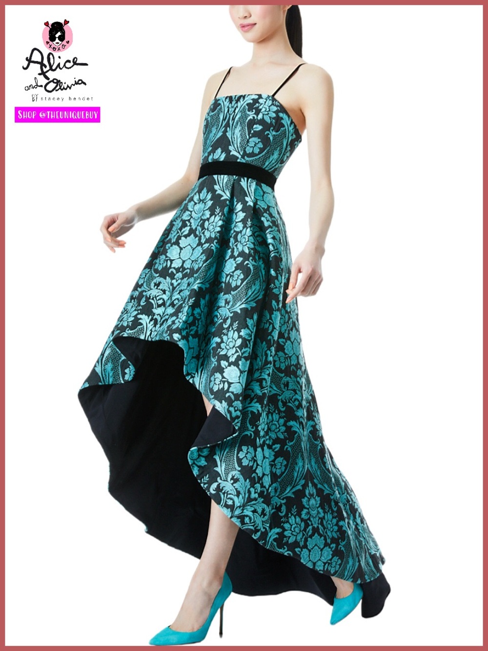 Alice + Olivia Florence Floral High Low Blue Black Gown Dress